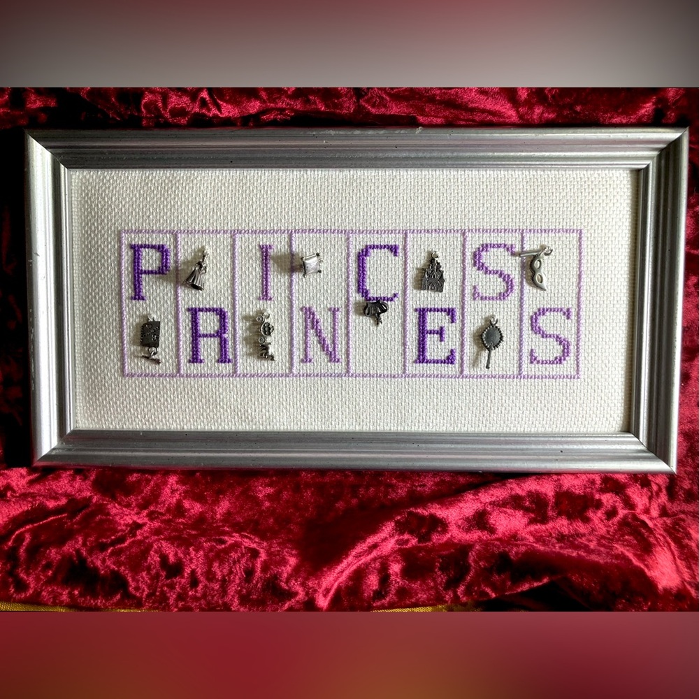 Princess Needlepoint Cross Stitch With Charms Purple Letters On Metallic White
